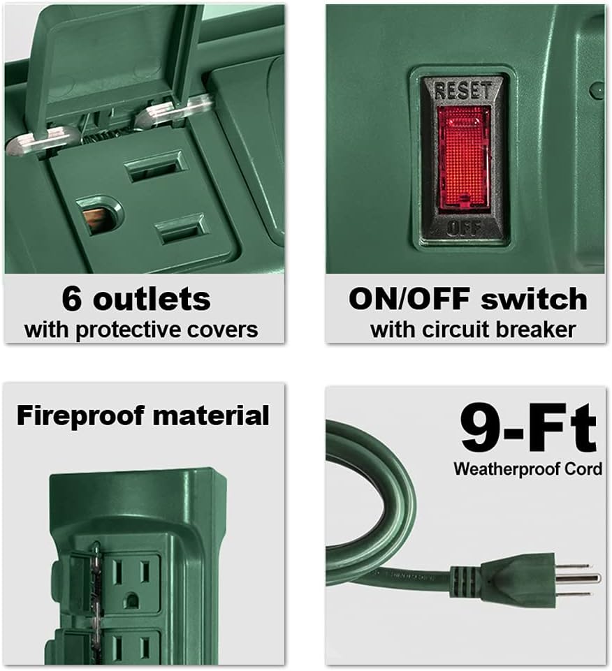 BESTTEN Outdoor Power Strip with Covers and Overload Protection Switch, Double Sided 6-Outlet Yard Power Stake with 9-Foot Long Extension Cord, ETL Certified, Green : Tools & Home Improvement