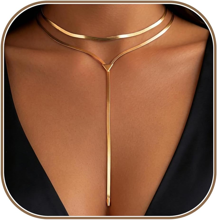 Choker Necklace for Women, 14K Gold Plated Chunky Herringbone Layered Y Necklace, Statement Lariat Drop Body Chain Jewelry