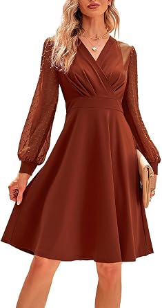 Womens Long Sleeve V Neck Aline Dress Ruched Wrap Cocktail Dresses Elegant Swing Dress
