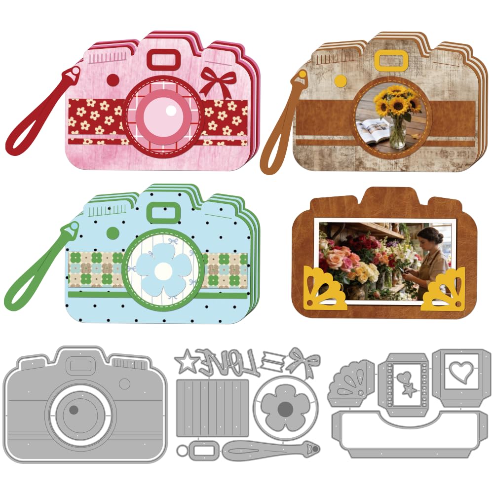 MAYJOYDIY 3D Camera Card Book Metal Cutting Dies Love Star Bow Flower Carbon Steel Stencils Camera Album Embossing Template Dies for DIY Paper Craft Card Making Scrapbooking Album Decor