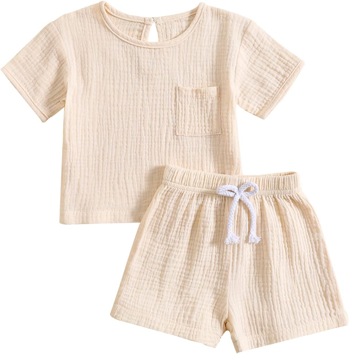 Toddler Baby Boy Girl Cotton Linen Outfit Short Sleeve T-Shirt Tops Elastic Shorts Set 2Pcs Casual Summer Clothes