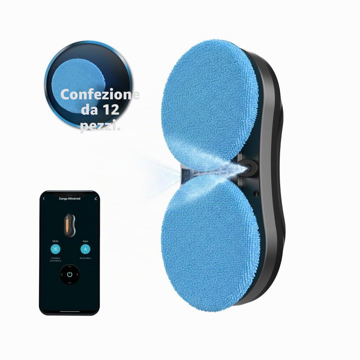 Cecotec Robot Lavavetri, Robot Pulisci Vetri Conga Windroid W10 DoubleSpray.Spruzza Pulisce e Asciuga, 2 Panni, Doppio Spray, 4 Modalità, Serbatoio 50ml, Motore Digitale, Cavo 7,5m per Vetri Brillanti