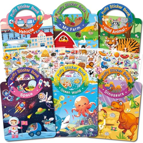 Elfew 6 Pezzi 3D Riutilizzabile Stickers, Libro Adesivi Attacca e Stacca Bambini 2 3 4 5 6 Anni,Libri Stickers Adesivi Bambin, Giochi da Viaggio Bambini 2 Anni