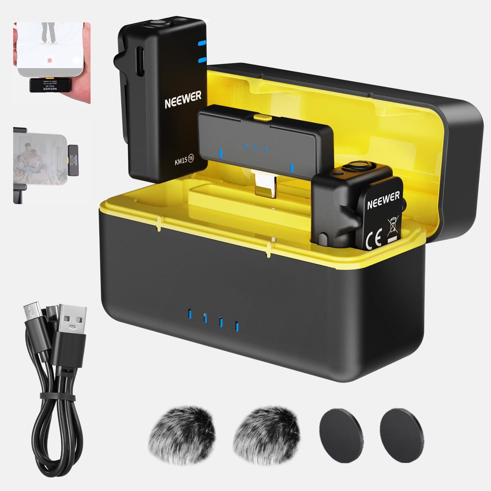 NEEWER Kit Micrófono Inalámbrico para iPhone 16 15 Pro MAX iPad Android, Micrófono Lavalier Solapa con Cancelar Ruido con Receptor USB C y Estuche de Carga, Micrófono Mini Lav con Clip, KM15