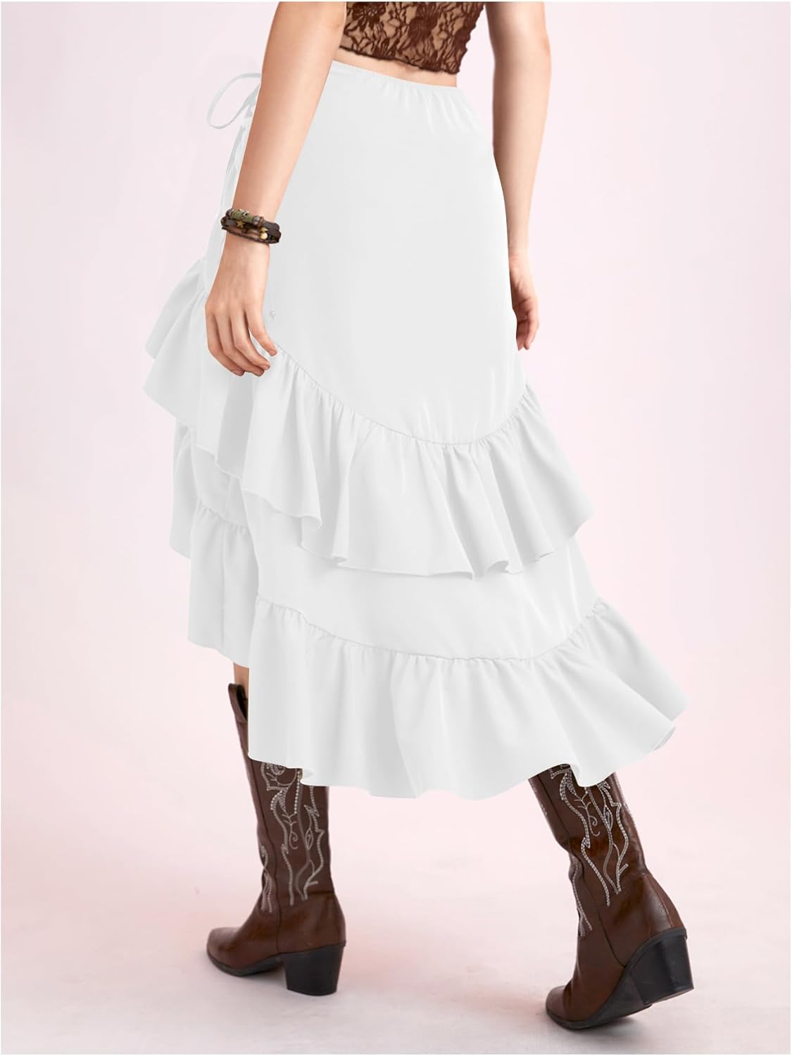 MakeMeChic Women's Asymmetrical Ruffle Wrap Midi Skirts Western Cowgirl Skirts Flowy Drawstring High Low Skirts