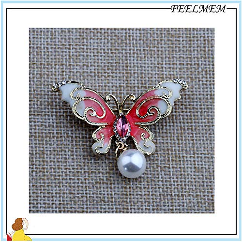 Image of FEELMEM Crystal Rhinestone Butterfly Brooch Pin Blue Color Butterfly Brooches for For Women Girls Wedding /Banquet /Birthday Party (Pink pearl)