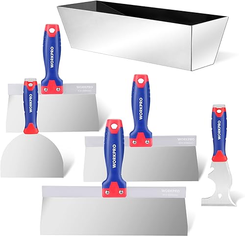 WORKPRO Herramientas para paneles de yeso, cuchillo de cinta de acero inoxidable 8 en 1 raspador de pintura con bandeja de barro, juego de cuchillos