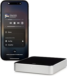 Eve Play (Apple Home) – Audiostreaming Adapter für AirPlay, Automatischer Latenzausgleich, Leistungsstarker Digital-Analog-Wandler, DREI Audioausgänge, Ethernet und WiFi