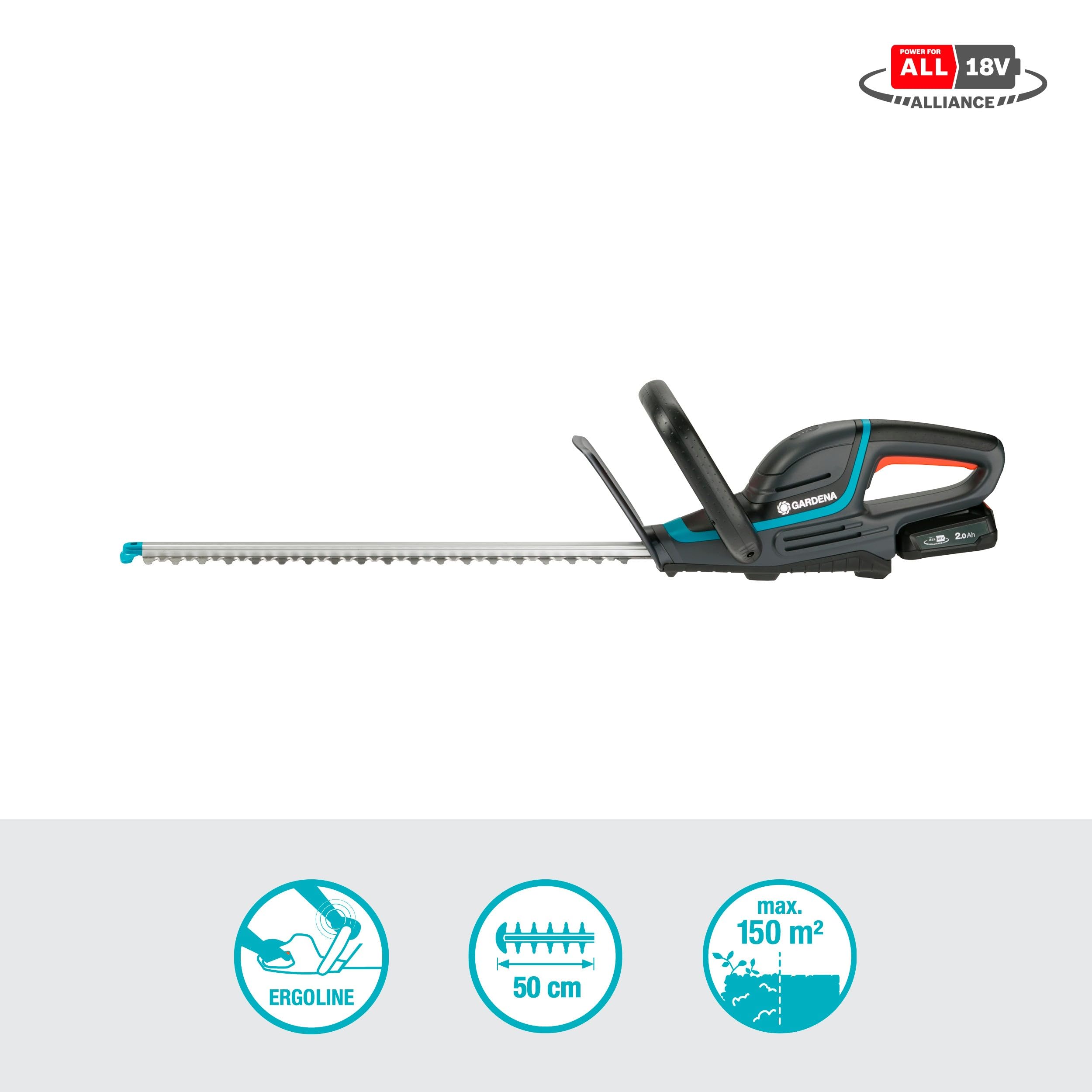 Gardena Akku-Heckenschere ComfortCut 50/18V P4A Ready-to-Use Set: Ergonomisch, Messergeometrie, Leichtgewicht, Akkustand, Kabellos (14730-20)