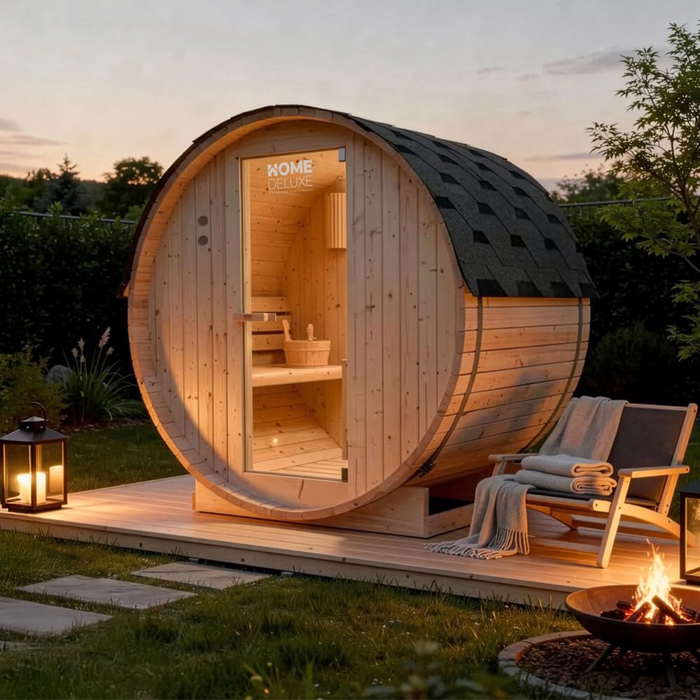 Home Deluxe - Sauna de Exterior de Barril Lahti M - Dimensiones: An x Pr x Al: Aprox. 185 cm x 120 cm x 185 cm, Madera: Madera de Abeto - Incl. Calefactor de Sauna y Accesorios de Sauna I Sauna de