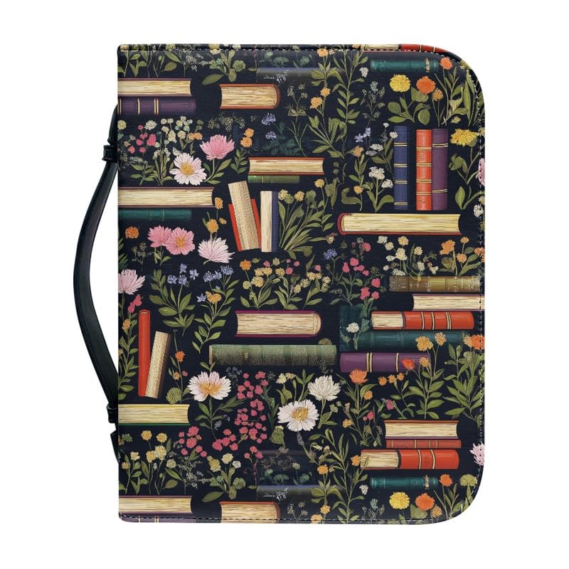 Kuiaobaty Books Floral Print Leather Book Cover Case with Handle, Bookworm Bookish Gift Novel Holder Carrying Bag with Bookmark,L — image 1
