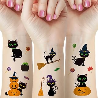 2 Sheets Halloween Black Cat Temporary Tattoo Stickers Set, Cute Witch Cat Pumpkin Bat Ghost Candy Party Body Art Transfers, Spooky Festival Cosplay Makeup Accessory for Women Men Ha - CZ622