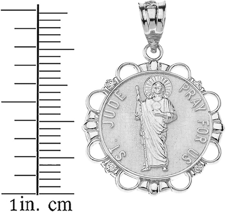 14k White Gold St. Jude Thaddeus Pray For Us Diamond Round Medal Necklace