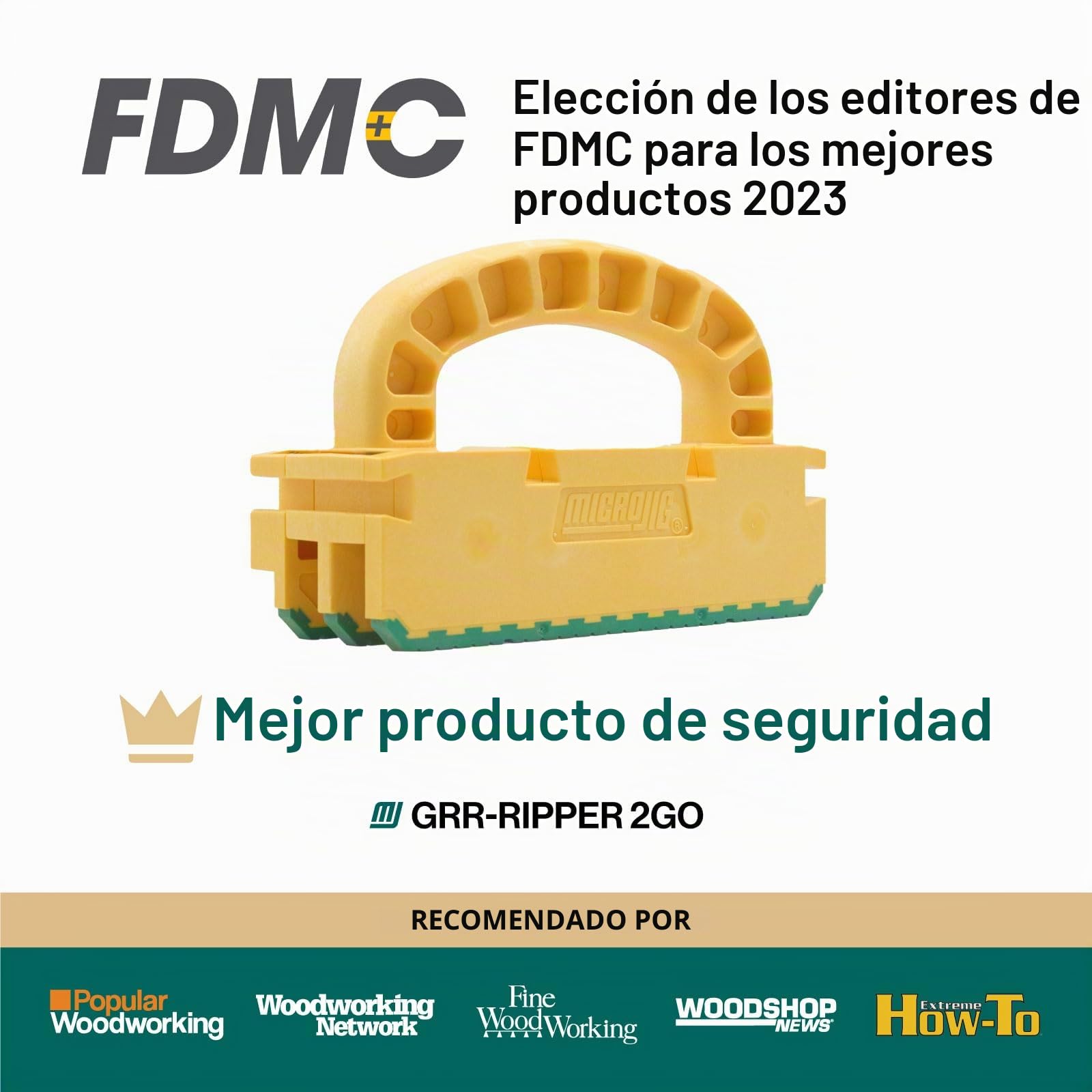 MICROJIG GRR-RIPPER 2GO Bloque de empuje para enrutadores, ensambladores, sierras de banda y de mesa, herramienta de carpintería, agarre extremo, GR2-GO, Amarillo/Verde