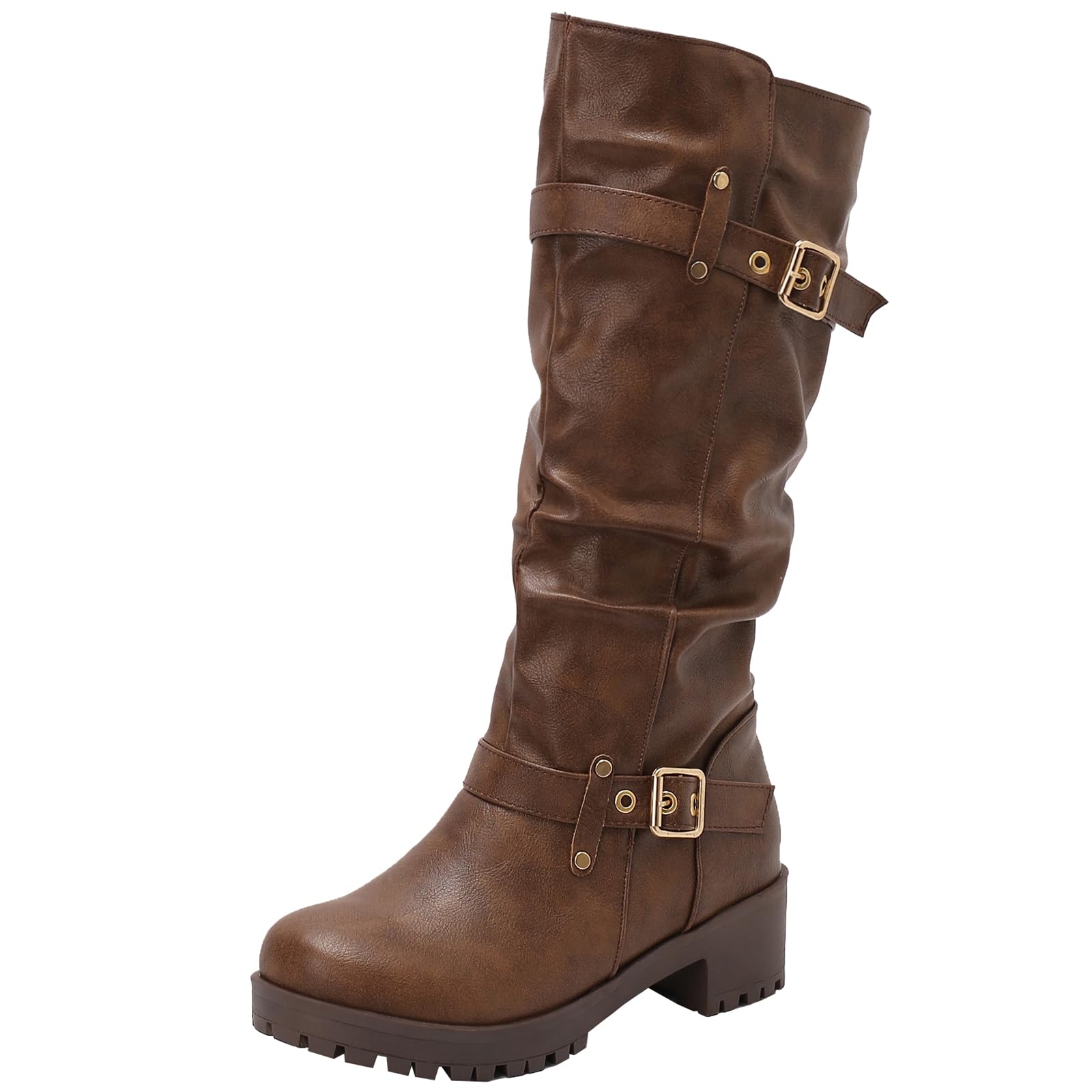 Womens Elegant Block Heel Slouch Boots Round Toe and Slip-on Knee High Boots for Casual Outfits