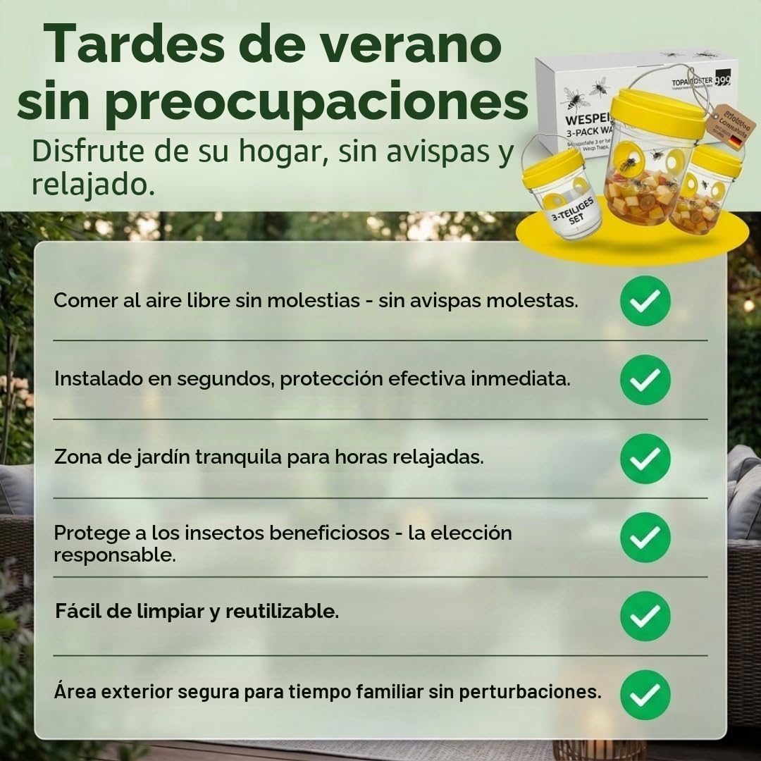Set de 3 trampas para avispas para exteriores – trampa para avispas para jardín y balcón – trampa viva reutilizable sin productos químicos – trampa para insectos contra avispas – repelente de avispas