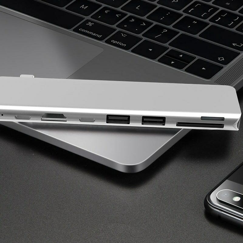 Image of USB HUB USB Type C 7-in-1 Adapter with 3 USB 3.0 Ports, SD&MicroSD Card Slots, HDMI Port and USB PD Pass-Through Charging Port USB C Adapter for MkBook Pro, Windows (USB C to 7 in 1 HUB Dock)