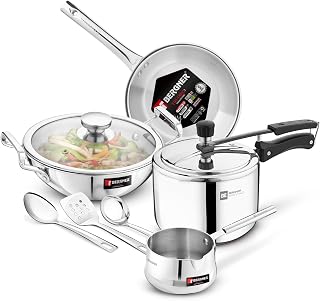 Bergner BE Essentials Tripro Tri-Smart Induction Bottom 8 Pcs Gift Set - 3L Inner Lid Pressure Cooker, 22cm Kadai, 22cm Fr Price In India