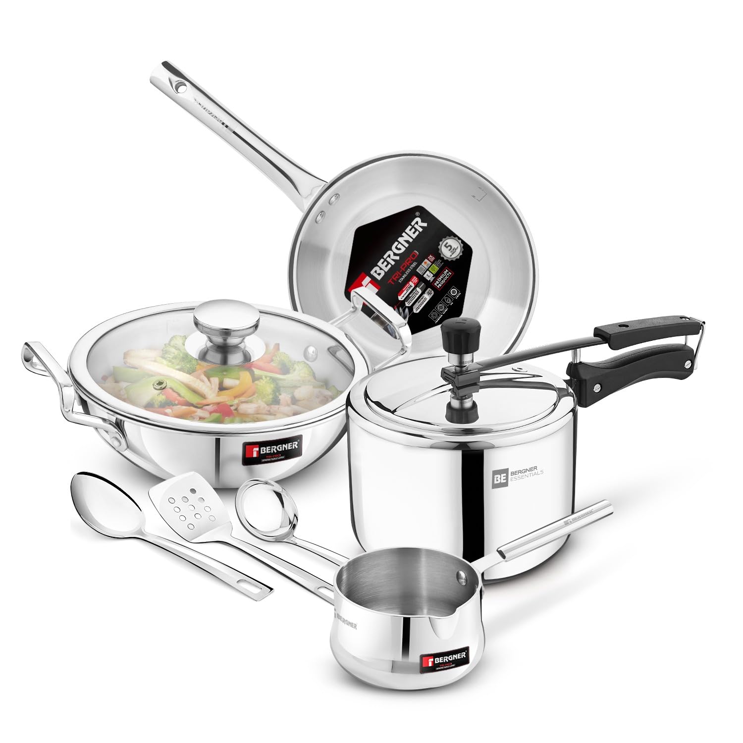 Bergner BE Essentials Tripro Tri-Smart Induction Bottom 8 Pcs Gift Set - 3L Inner Lid Pressure Cooker, 22cm Kadai, 22cm Fr...