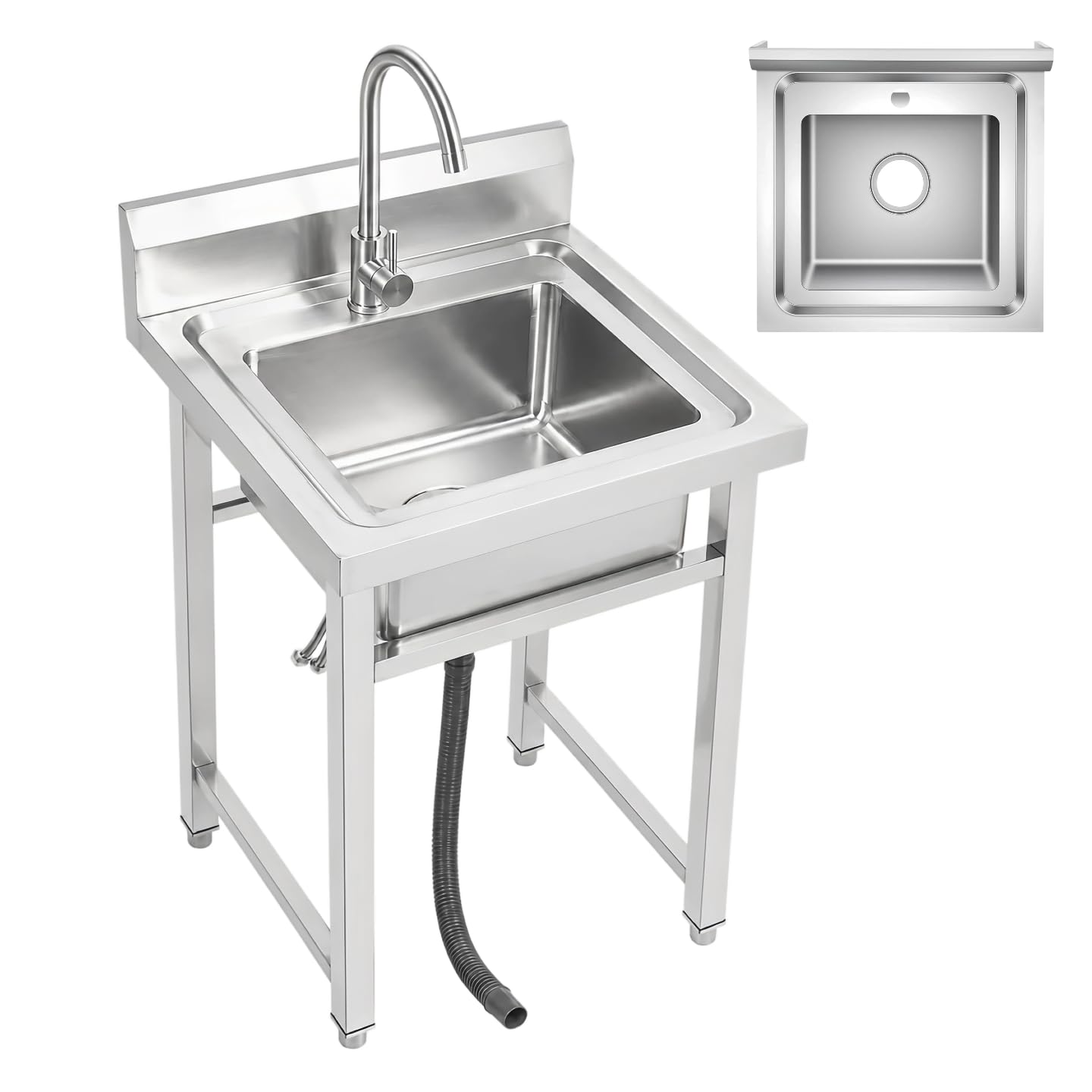 Gewerbliche Edelstahl Spültisch 50x50x93cm, Freistehendes Spülbecken mit 360° Wasserhahn & Siebkorb, Einzelbecken Küchenspüle, Außen Outdoor Spüle für Küche Restaurant Café Bar