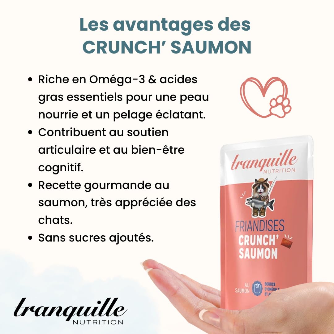 Tranquille Crunch' łosoś dla kota (zestaw 40 x 60 g) | Przysmaki bogate w Omega 3 i kwasy tłuszczowe, zdrowa skóra i błyszcząca sierść, wsparcie stawów i mózgu, karma dla kota