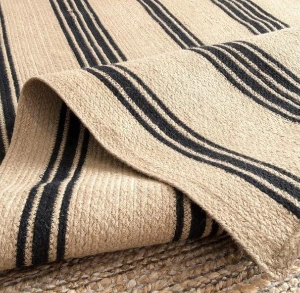 Tapis indien tressé à la main en jute naturelle à rayures noires - Pour salle à manger, salon - 78 cm x 270 cm