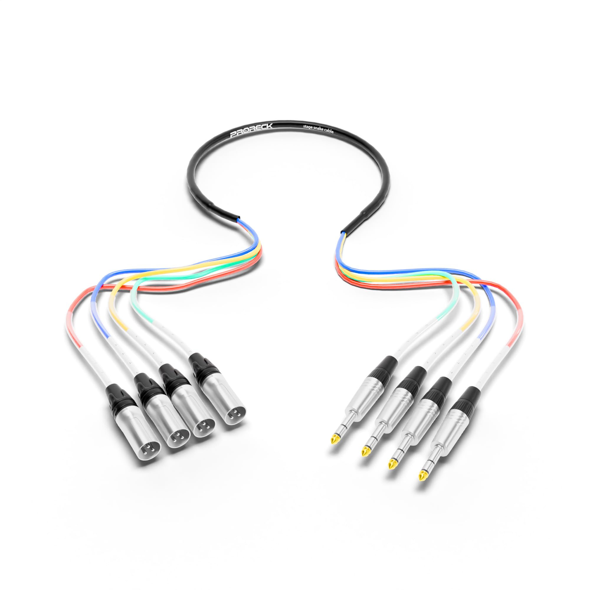 PRORECK 3ft Snake Cable, 4-Channel Shielded Audio Cable 1/4'' TRS to XLR Male, with Color-Marked Connectors for Professional Stage, Studio, and Live (