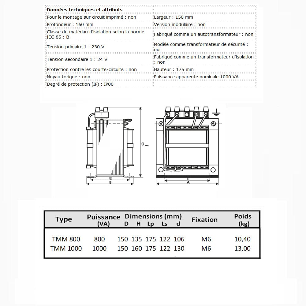 Trasformatore TMM 1000VA 230/24V IP00 con alloggiamento a due camere