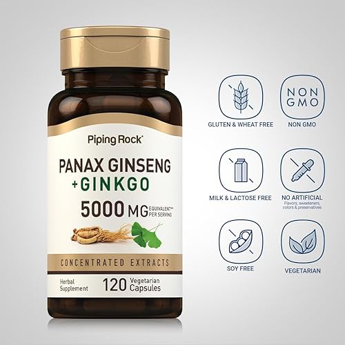 Miniatura 3 de Piping Rock Panax - Cápsulas de ginseng  5000 mg  150 unidades  con Ginkgo Biloba  Suplemento vegetariano, sin OMG y sin gluten