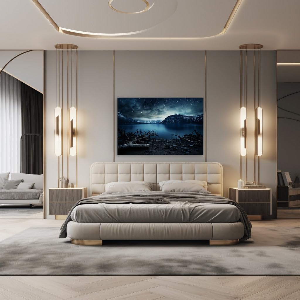 Canvas for Living room. Moonlight Serenity: A Starlit Embrace by the Mountain Lake, 27 x 18 inch Canvas Wall Art - Surrealistic Visions - Modern Home Decor