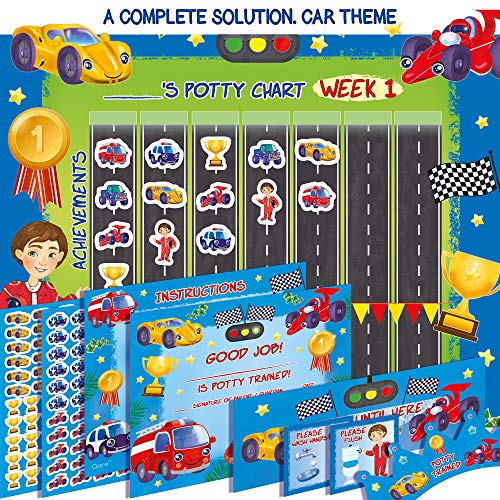 Premium Potty Chart - Our Colorful Design Will Encourage Your Child to Potty Train - Exciting Solution - Stickers + Diploma + Crown + Marker + Progress Charts + More! - Exciting Car Theme (Blue)