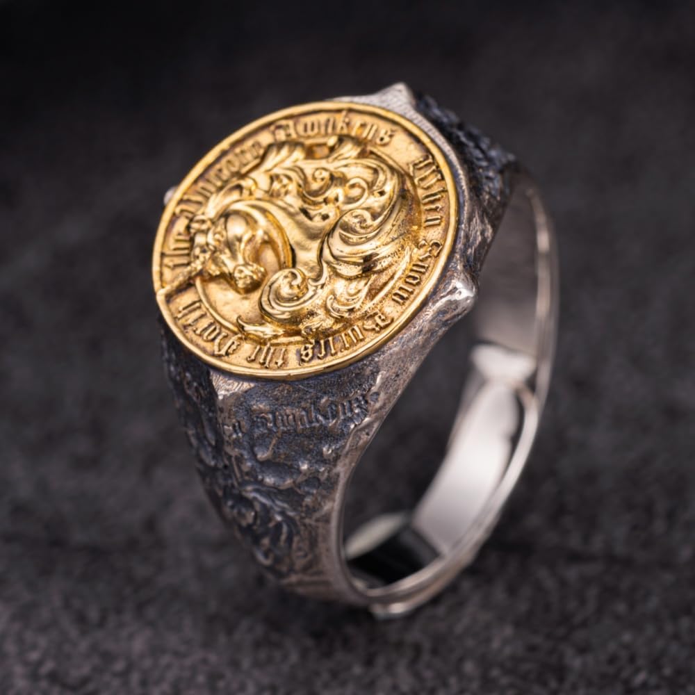 Anillo de unicornio de plata de ley 925 de dos tonos para hombre, abierto y ajustable