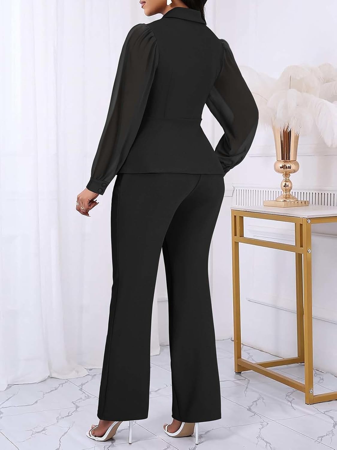 Annystore Pant Suits for Women Dressy Mesh Sheer Sleeve Ruffle Blazer Wide Leg Pants Pantsuit Sets Casual Work Outfit - Image 2