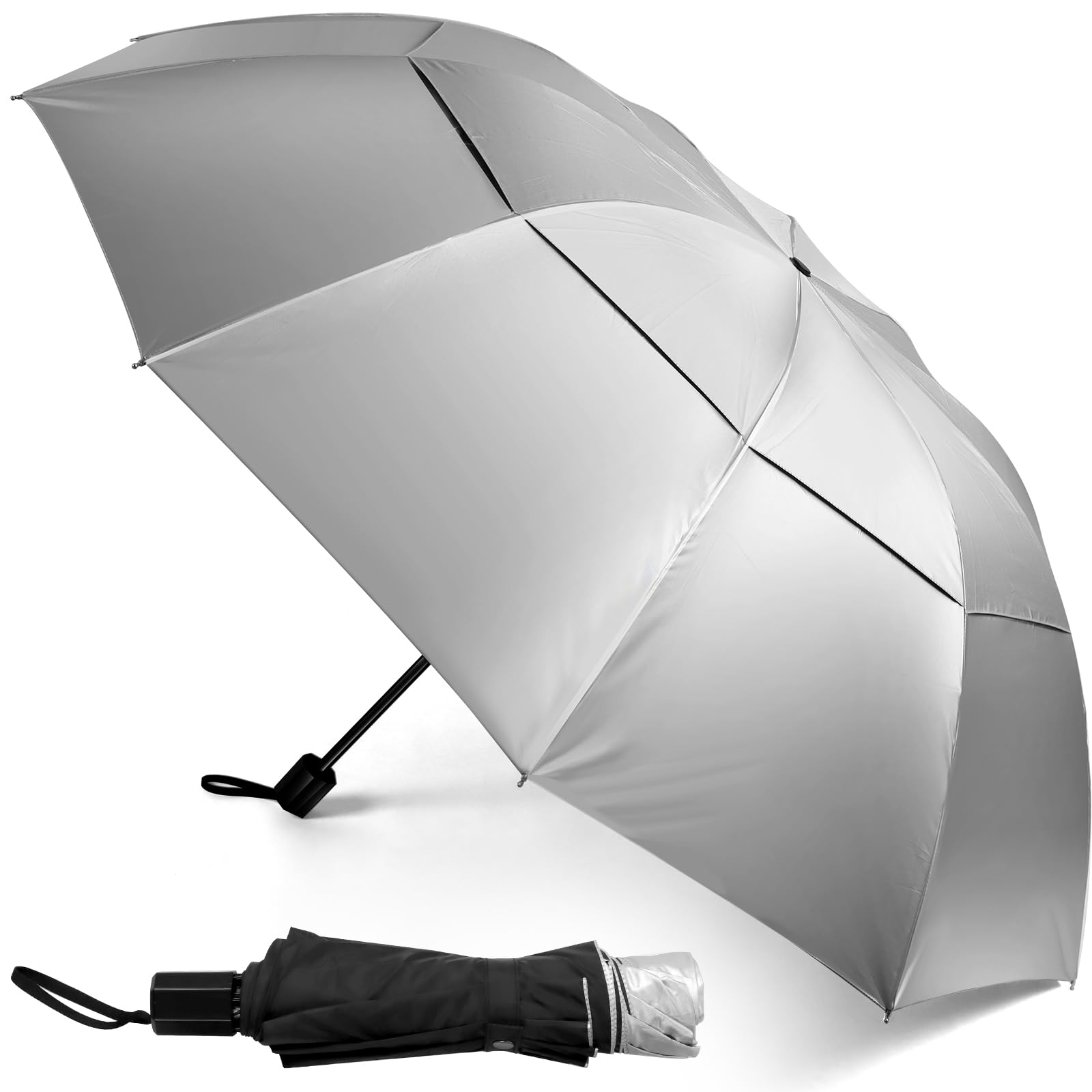 Photo 1 of 2 Kalolary 62 Inch Extra Oversize Large Compact Golf Umbrella?Double Canopy Vented Windproof Waterproof Stick Umbrellas for women & men Sliver