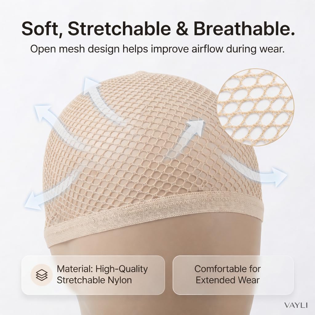 Wig Cap Set for Long Hair, 2 Large Mesh Hair Net for Wigs, Breathable Nylon Non-Slip Wig Caps with Hair Tie and 5 Bobby Pins, Double Layer Open-End Design, Light Brown, 8-Piece Set