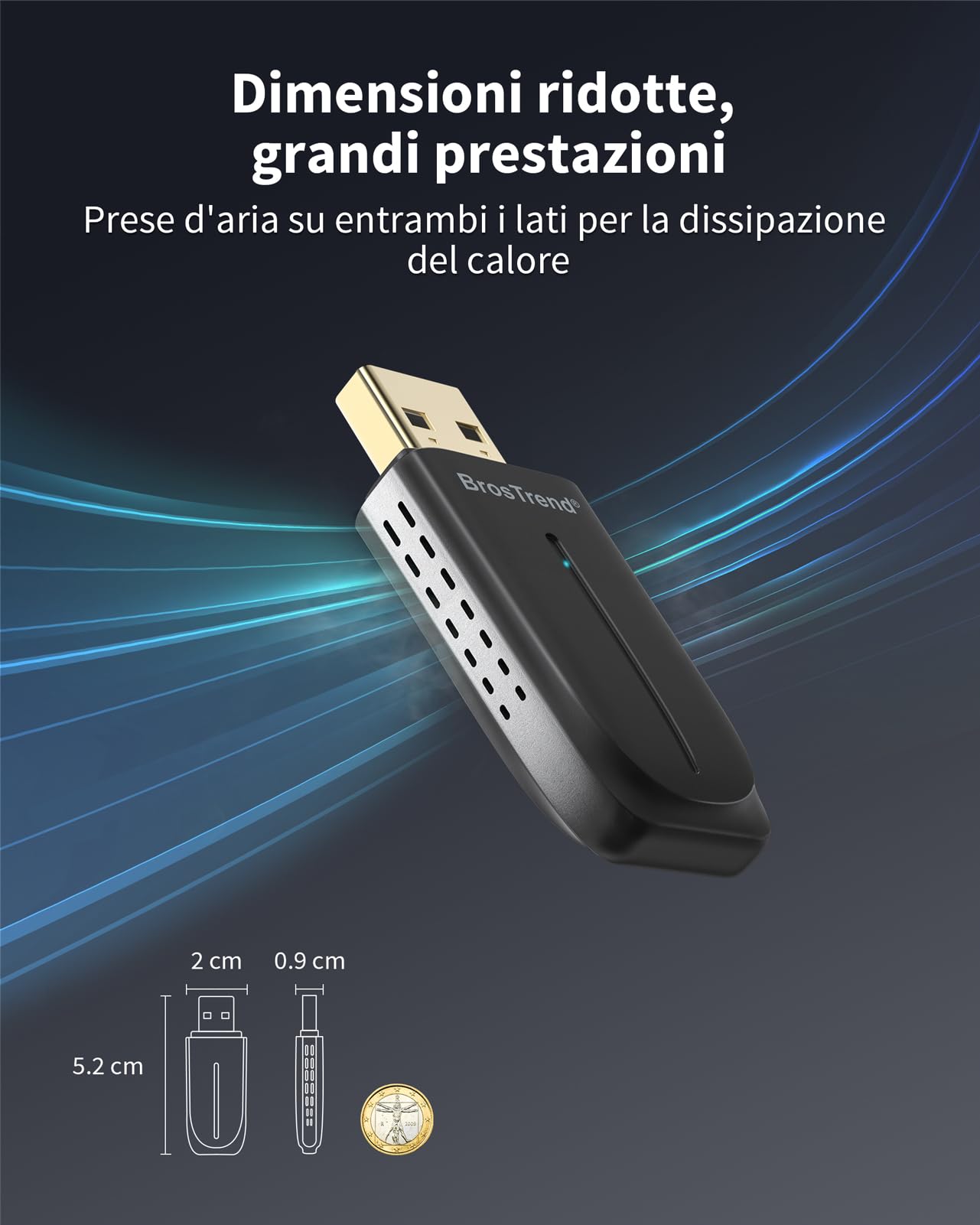 BrosTrend AX900 WiFi 6 USB Ricevitore 𝐁𝐥𝐮𝐞𝐭𝐨𝐨𝐭𝐡 𝟓.𝟒, Chiavetta WiFi per PC Fisso, Mini Bluetooth USB Adattatore Wi-Fi Dual Band 5GHz 600Mbps + 2.4GHz 286Mbps Supporta Windows 11/10, WPA3