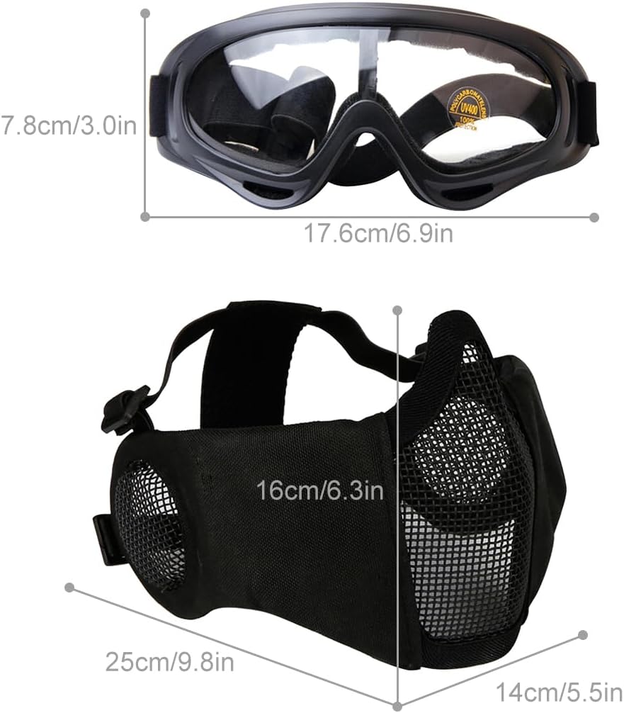Adjustable Mesh Half Face Mask with Protective Goggles for Outdoor and Airsoft Activities