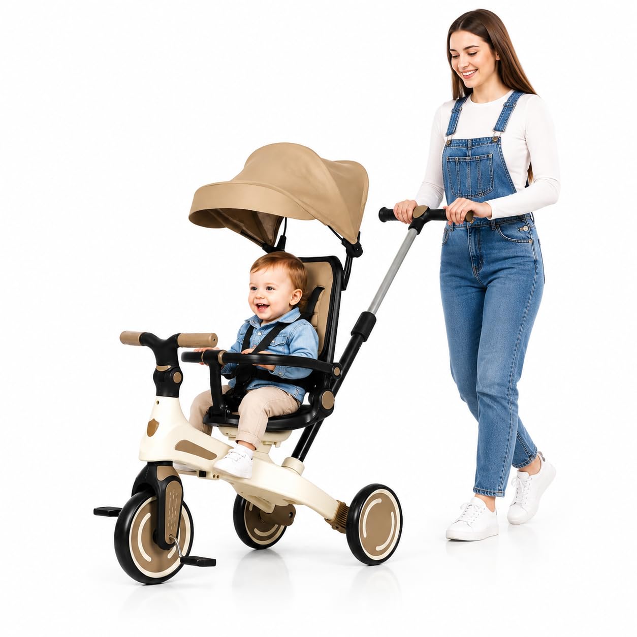 Triciclo Pieghevole per Bambini 1-4 Anni con Manubrio per Genitori - Bicicletta Evolutiva fino a 20kg - Monopattino Bambino Regolabile con Struttura Ergonomica, Beige (Premium)
