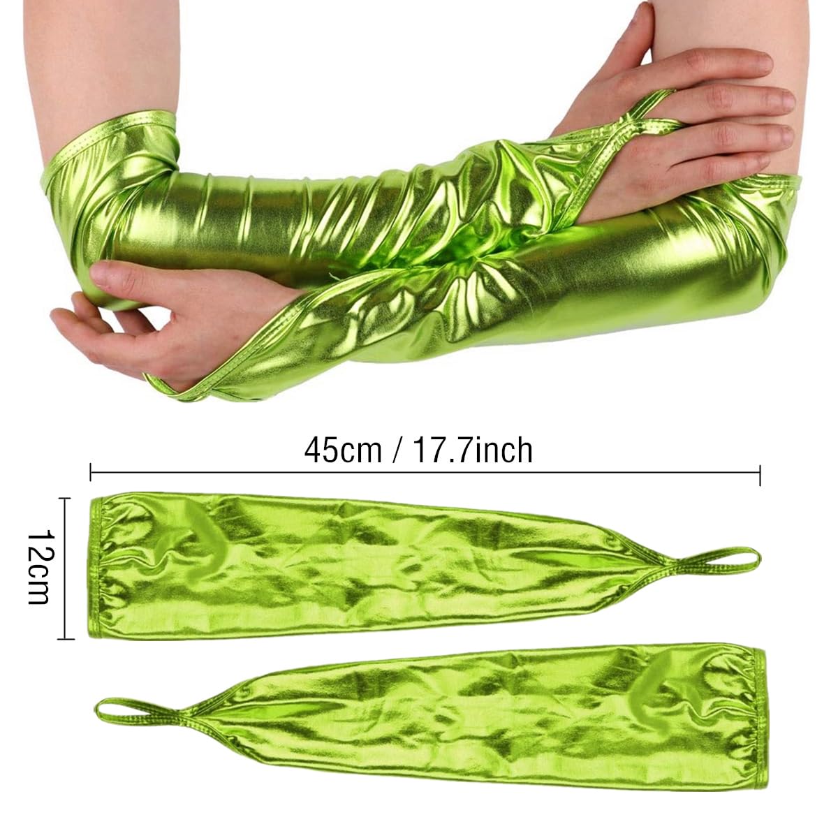 RuiChy Shiny Long Metallic Fingerless Gloves for Women Patent Leather Elbow Length Opera Gloves Arm Warmer for Evening Party Masquerade Rave Cosplay Stage Performance Night Club Dancewear (Green) - Image 2