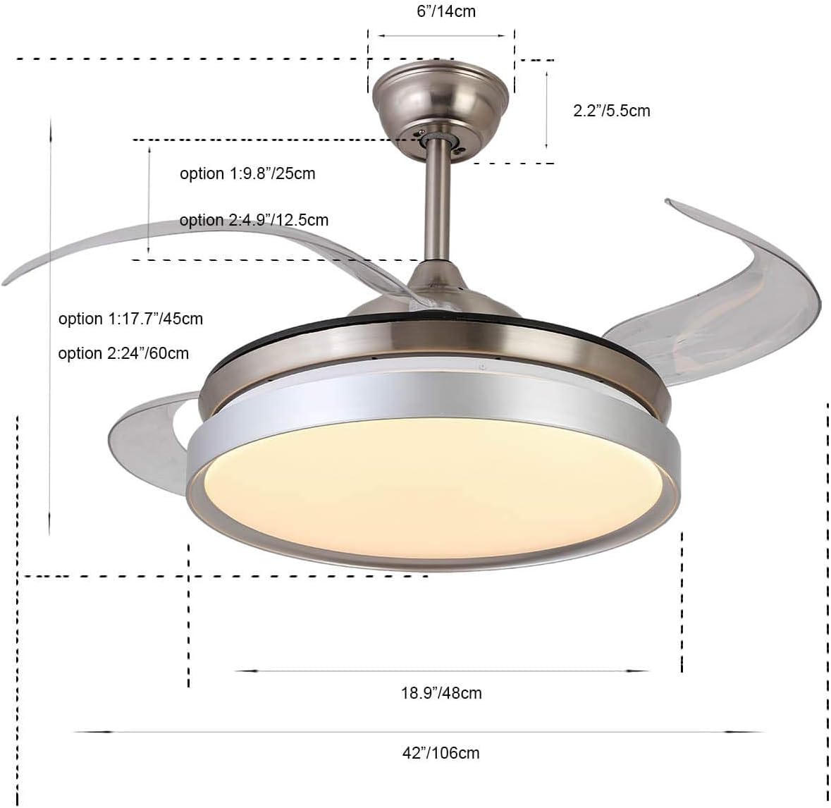 XM Retractable Ceiling Fan with Light and Remote Control Invisible Blades Ceiling Fan Chandelier LED 3 Light color Change for Bedroom Living Room, 42 Inch