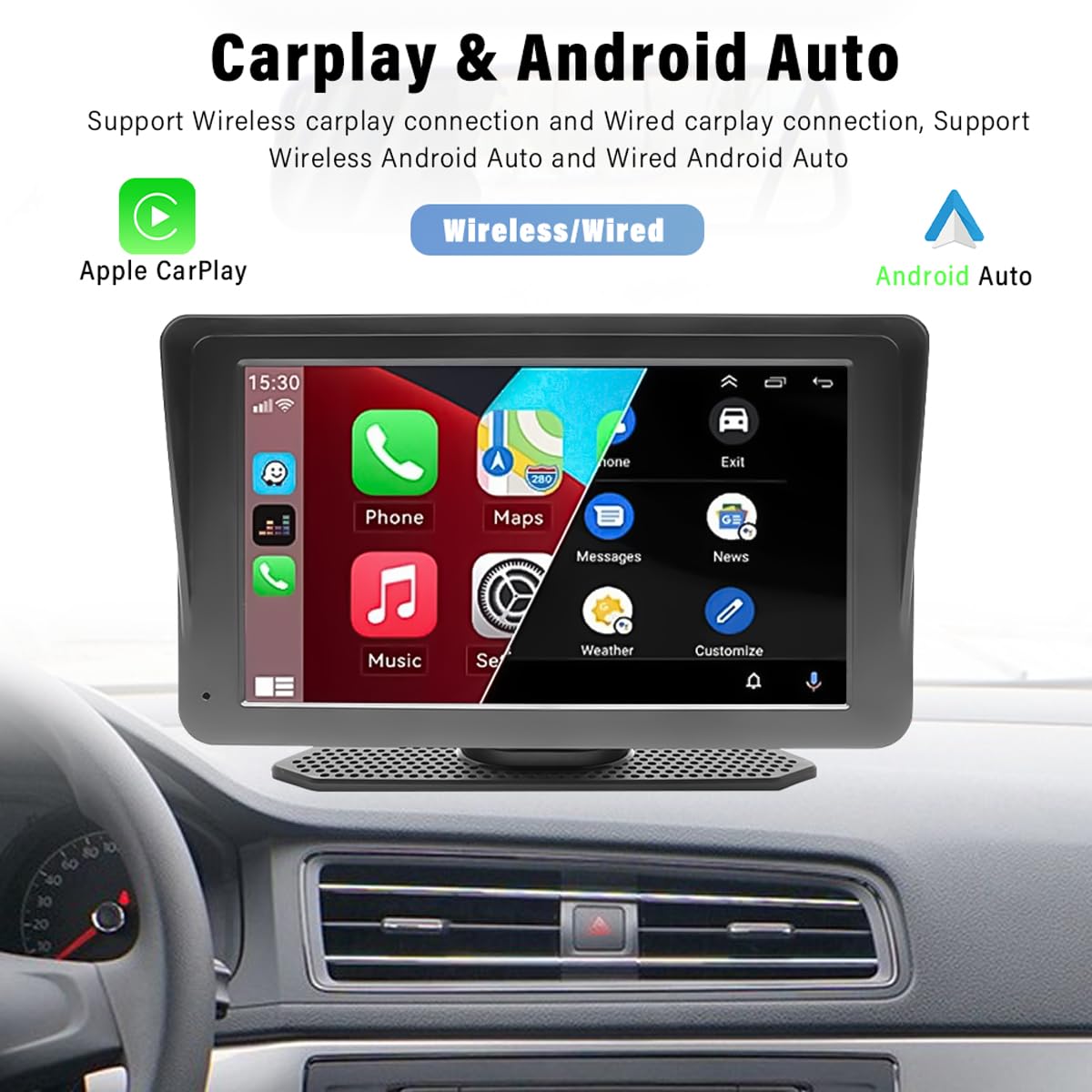 Ricevitore autoradio wireless per autoradio con touchscreen IPS portatile da 7 pollici e Android Auto con collegamento specchio Youtube Bluetooth AUX FM trasmettitore scheda TF