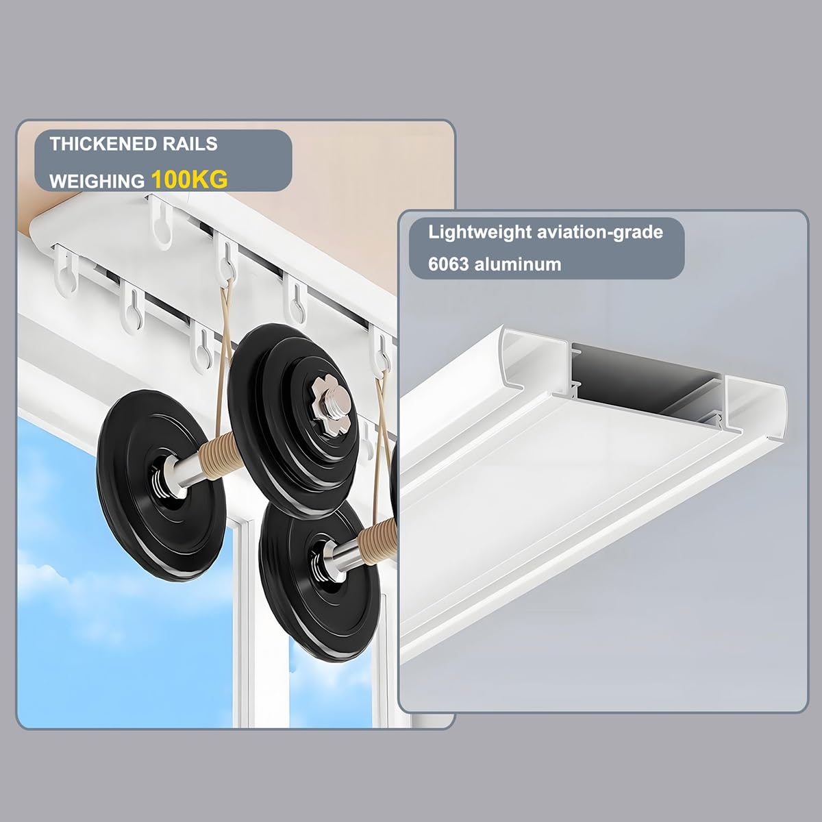 Rail de rideau plafond Double, Aluminium Rails pour Rideaux, Robustes Kit de Tringle à Rideaux avec Poulies À Lame d'acier, Silencieux Rails De Poulie pour Diviseur De Pièce(White,2.2m(7.2ft))
