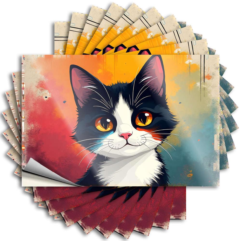 A Black and White Cat with Striking Yellow Eyes Against A Vibrant, Colorful Cover Half - Dorm Room Stuff Bumper Self Adhesive Sticker(12X18CM)