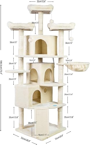 Miniatura 7 de Hey-brother Árbol para gatos tamaño XL, torre para gatos de 73.4 pulgadas con 3 cuevas, 3 perchas acogedoras, postes para rascar, tablero, centro de