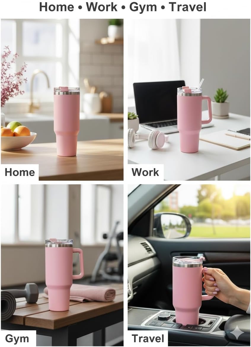 THIRSTEE 40 Oz Tumbler With Handle And Straw Insulated Stainless Steel Cup 100% Leakproof Mug For Hot And Cold Drinks Water Bottle Use For Travel, Office Coffee Mug, Gym - Pastel Pink - Image 9