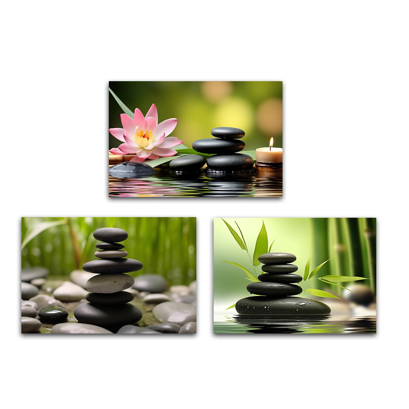 LMYSXAOZ Zen Wall Art Bathroom Decor 3 Panels Lotus Bamboo Candle and Stones Canvas Prints Meditation Painting for Yoga Spa Framed (Zen-2, 20.00"x28.00"x3P)