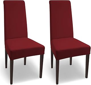 SCHEFFLER-Home Coprisedie Natalie / Set di 2 Copri Sedie da Pranzo Elastici / Sedie da Pranzo / Coprisedie Elasticizzato in Cotone con Fascia Elastica / Coprisedie Eleganti, Rosso Vino
