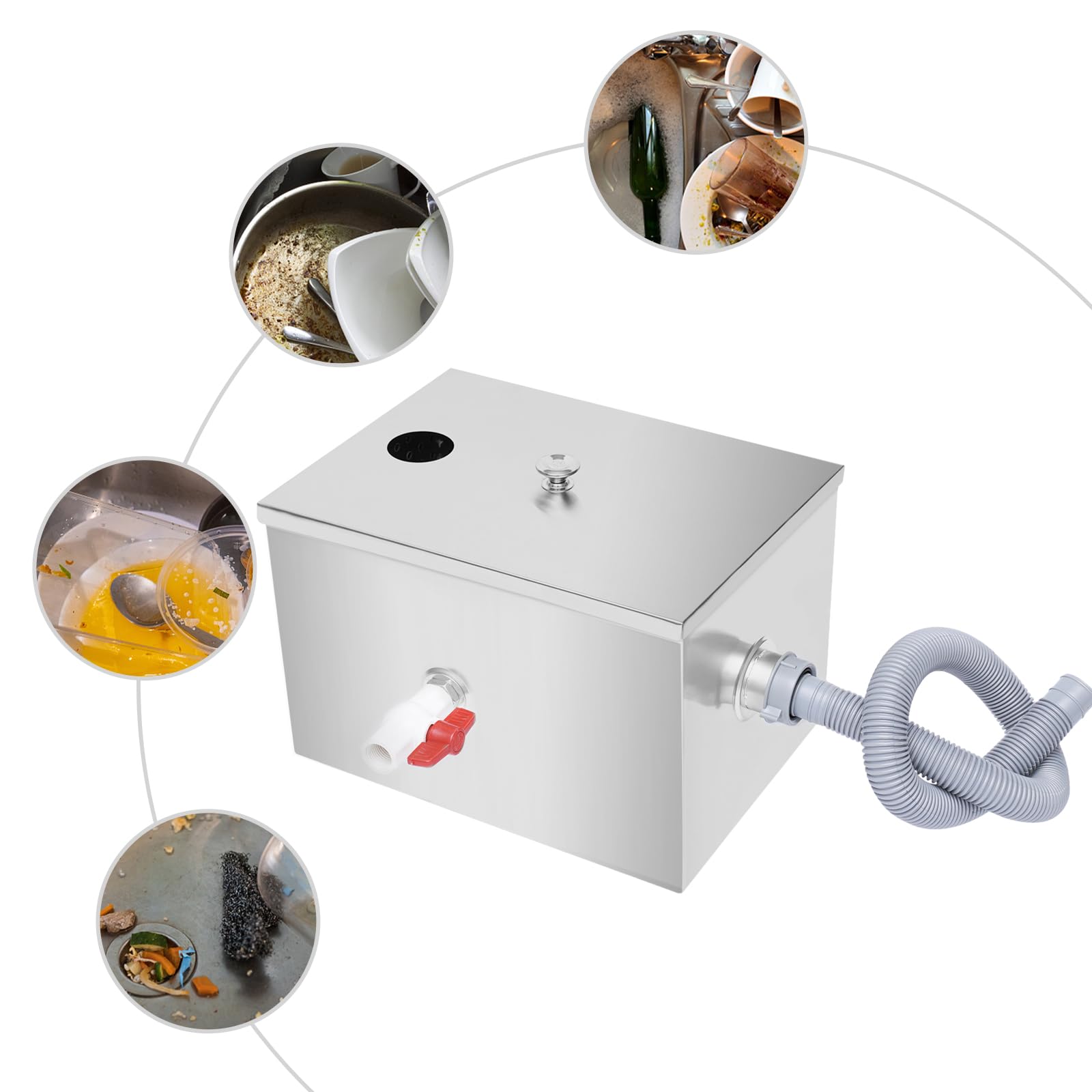 Separador de grasa para agua comercial, fregadero de cocina, fregadero de acero inoxidable, separador de aceite, aguas residuales con cesta de filtro extraíble para restaurante, cafetería, cocina