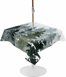 Winter Watercolor Dark Green Trees Outdoor Tablecloth with Umbrella Hole Snowflake Plant Christmas Gradient Waterproof Table Cloth with Zipper Outside Table Cover for Patio Picnic 54x54 Inch