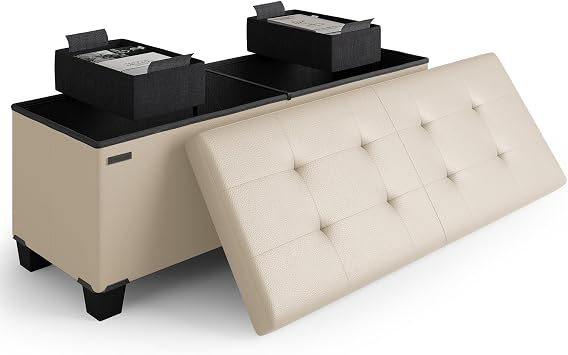 Storage Ottoman Bench with Bins, 43-in Storage Bench for Bedroom End of Bed, Folding Foot Rest Ottoman for Living Room Max 660lbs, Leather Ottomans, Beige
